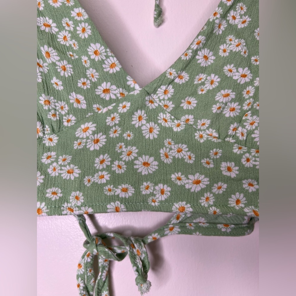 Timing Green Daisy Print Tie Back Crop Top Puff Sleeve Cottagecore Size L - Picture 4 of 9